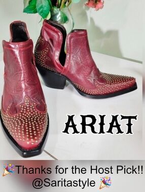 🎉HP🎉 NEW ARIAT Studded Red Leather Snip Toe boots Booties 7